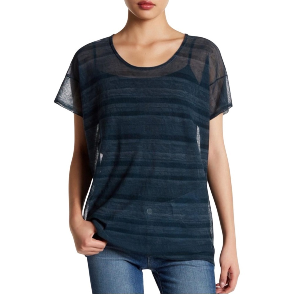 INHABIT Sheer Tonal Striped Scoop Neck Tee Lagoon Blue Size Small